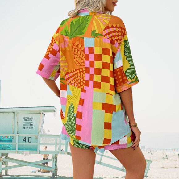 Womens Boho Button Down Short Set Summer to Fall Two-Piece Outfit Sizes S-XL - Picture 3 of 4